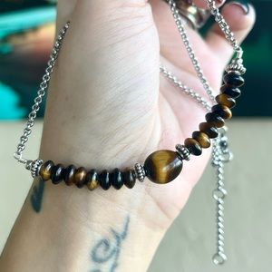 Genuine tiger eye bar adjustable boho silver choker necklace gemstones handmade